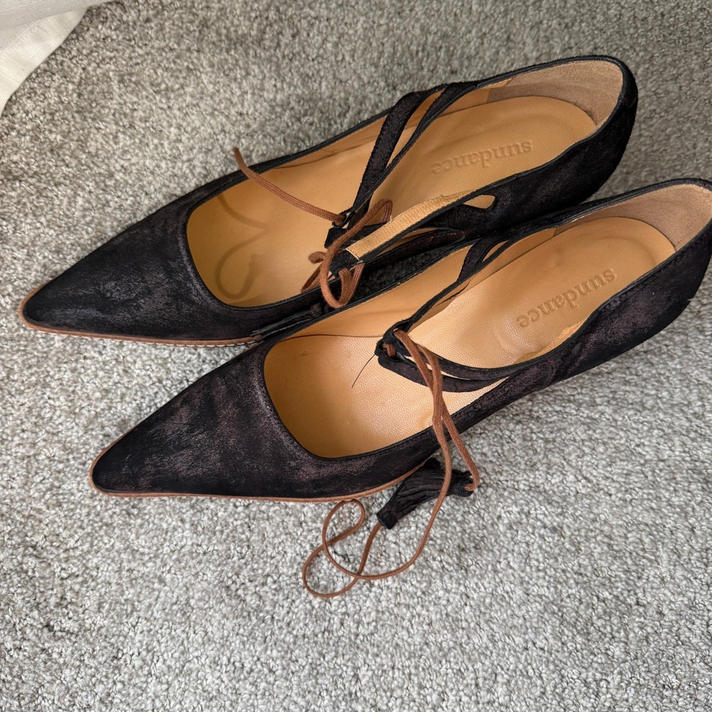 Sundance Natalia Laced Heels Pointed Toe Brown Boho Tassles Pumps Size 40 - Picture 2 of 9